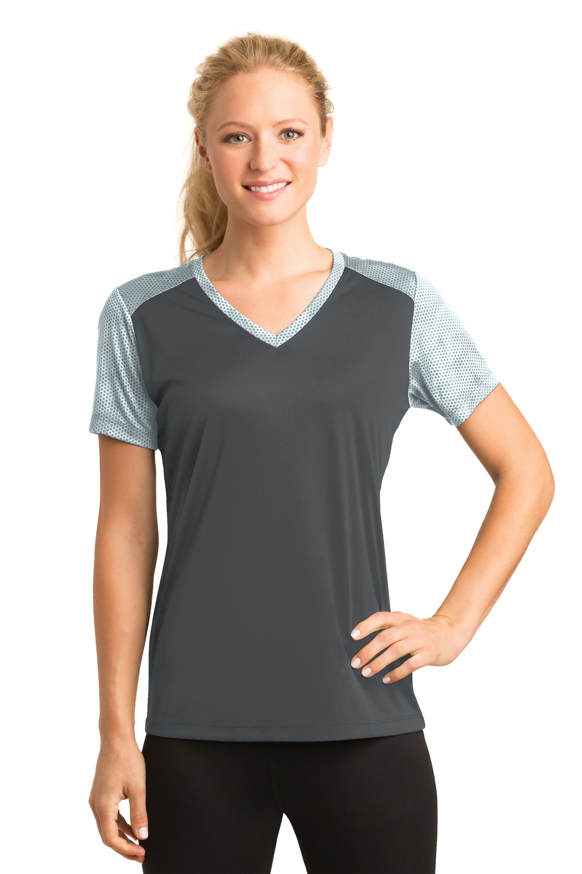 Sport-Tek   Ladies Camohex Colorblock V-Neck Tee. Lst371