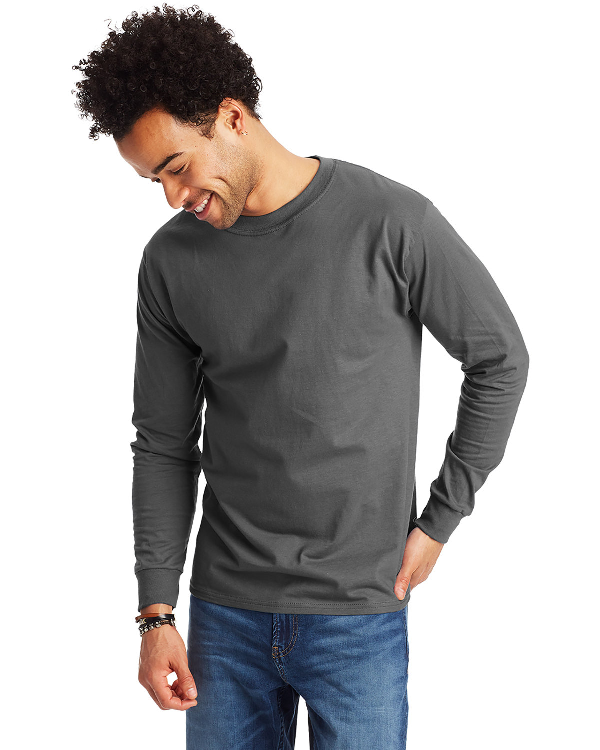 5 Pack Of Hanes 5186 Adult Long Sleeve Plain Crew Neck Stylish Beefy-T T-Shirt - Picture 15 of 17
